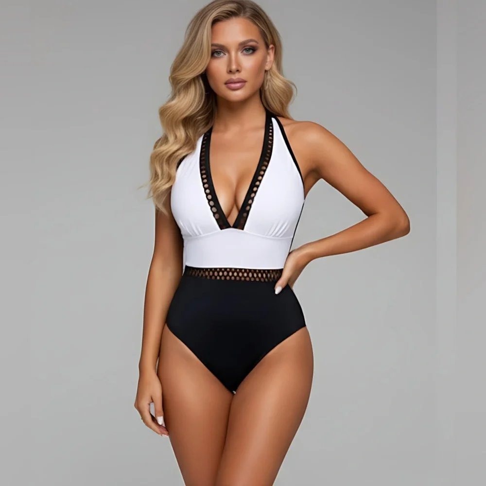 Mesh Halter One Piece Swim Suit Bathing Suit White/Black